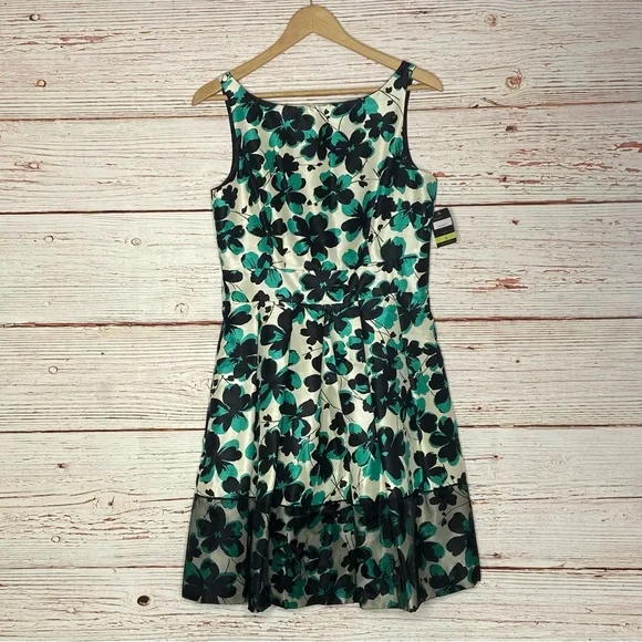 green emerald velvet dress Taylor Printed Chiffon Belted Fit and Flare Dress